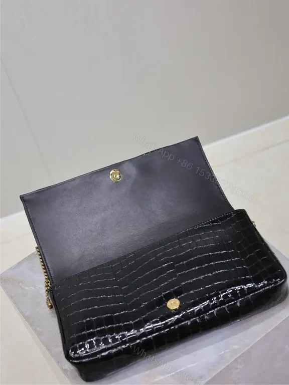 View 6 of Croc-Effect Black Leather Bag with Gold YSL Chain Strap