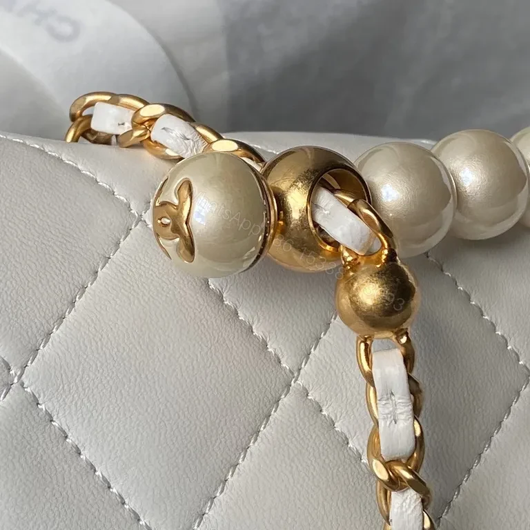 View 5 of Chanel-inspired Quilted Lambskin Flap Bag with Pearl Chain