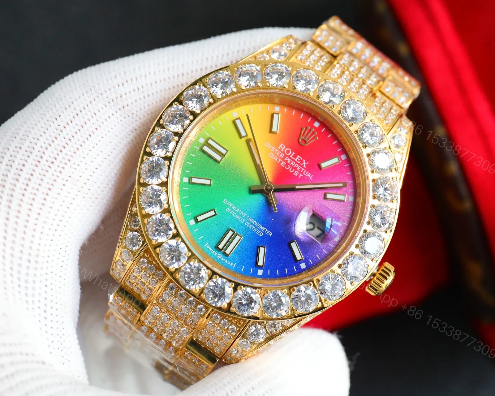 View 3 of Rolex Day-Date Rainbow Iced Replica 42MM Premium Full Gold Bracelet Rainbow Dial Edition ROLEX-DD-RAINBOW-ICED-FULL-GOLD-42
