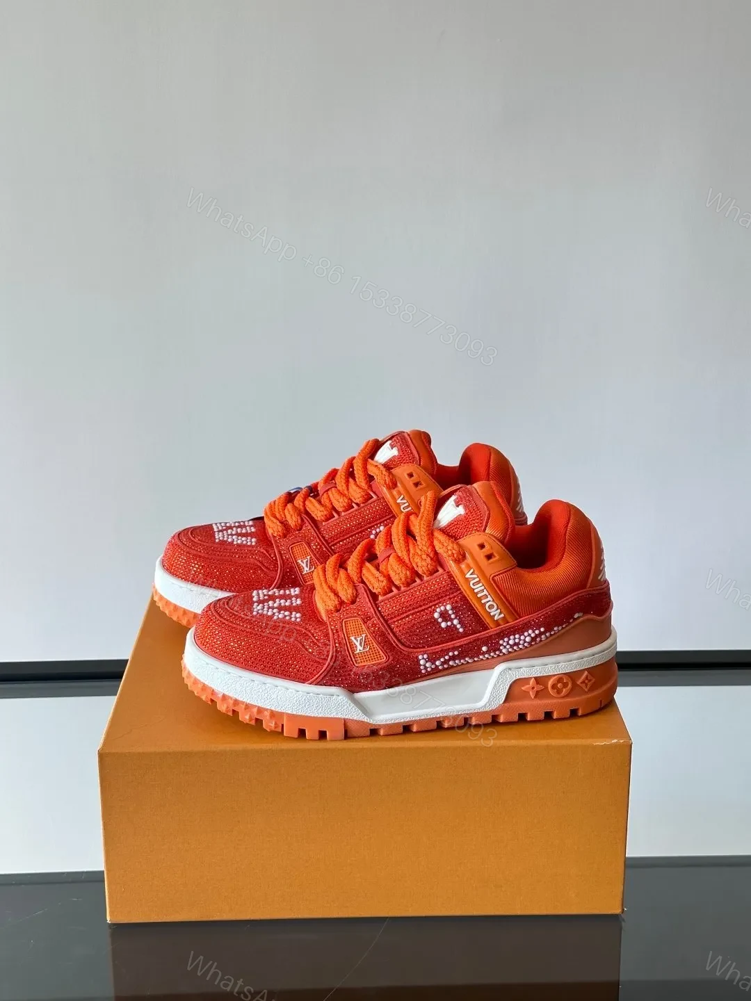 View 3 of LV Men Orange Suede And Mesh Sneakers
