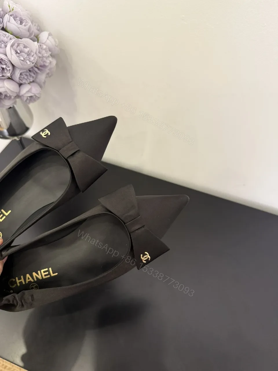 View 9 of Black Satin Pointed-Toe Mules with Bow Detail