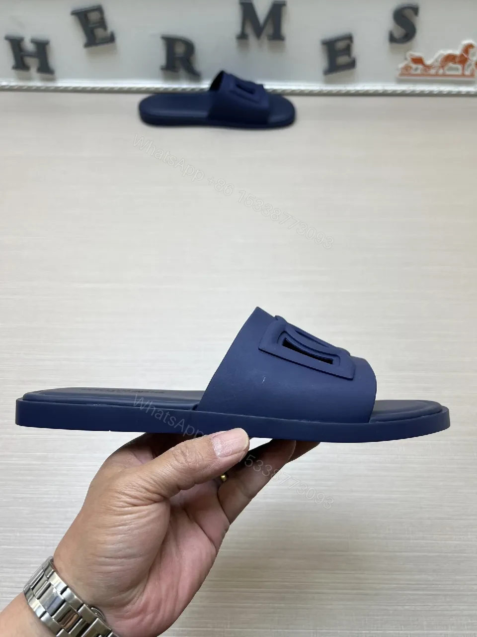View 4 of Navy Slide Sandal: Premium Leather-Trim, Cushioned Comfort