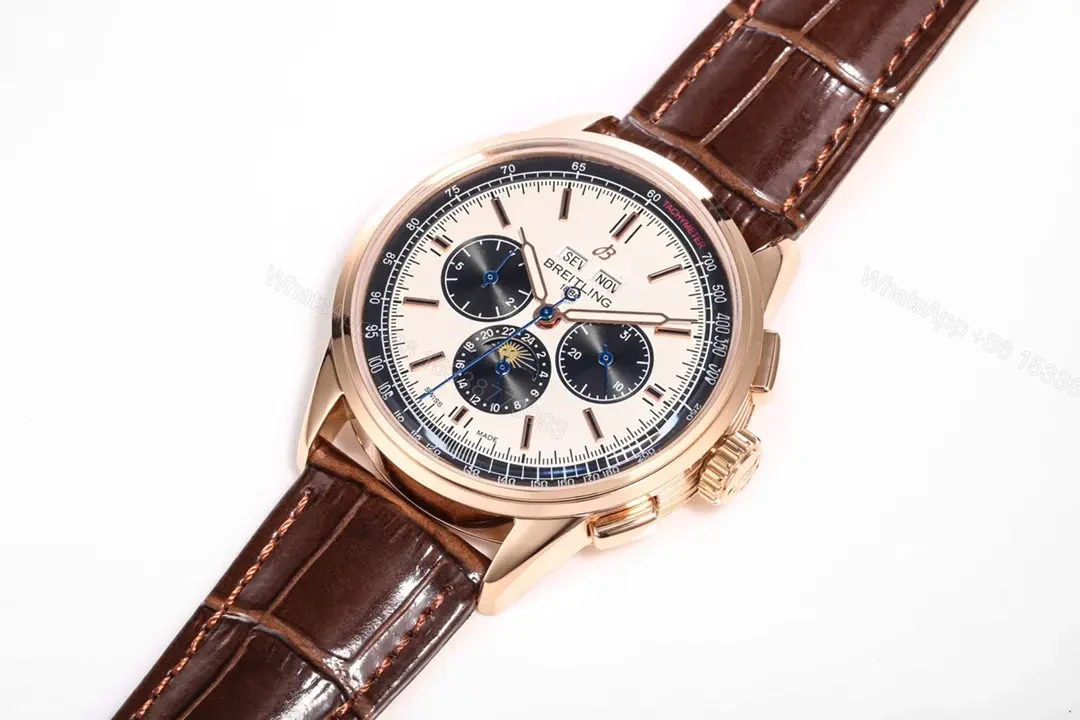 View 4 of ZF Factory Breitling Premier Series Rose Gold Blue and White Dial Brown Leather Strap Watch