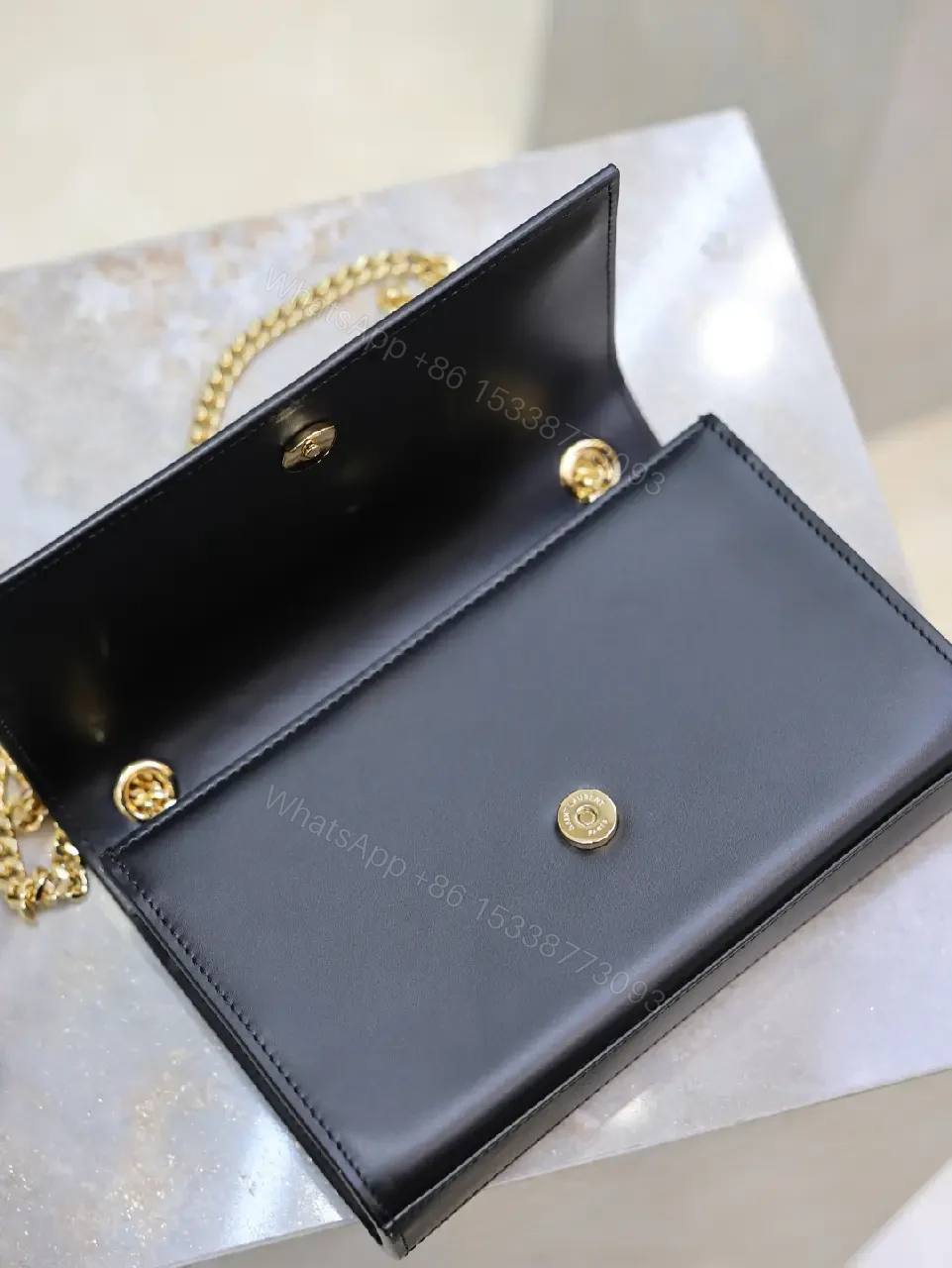 View 5 of Black Leather Bag with Gold YSL-Inspired Logo, Compact, Everyday Glam