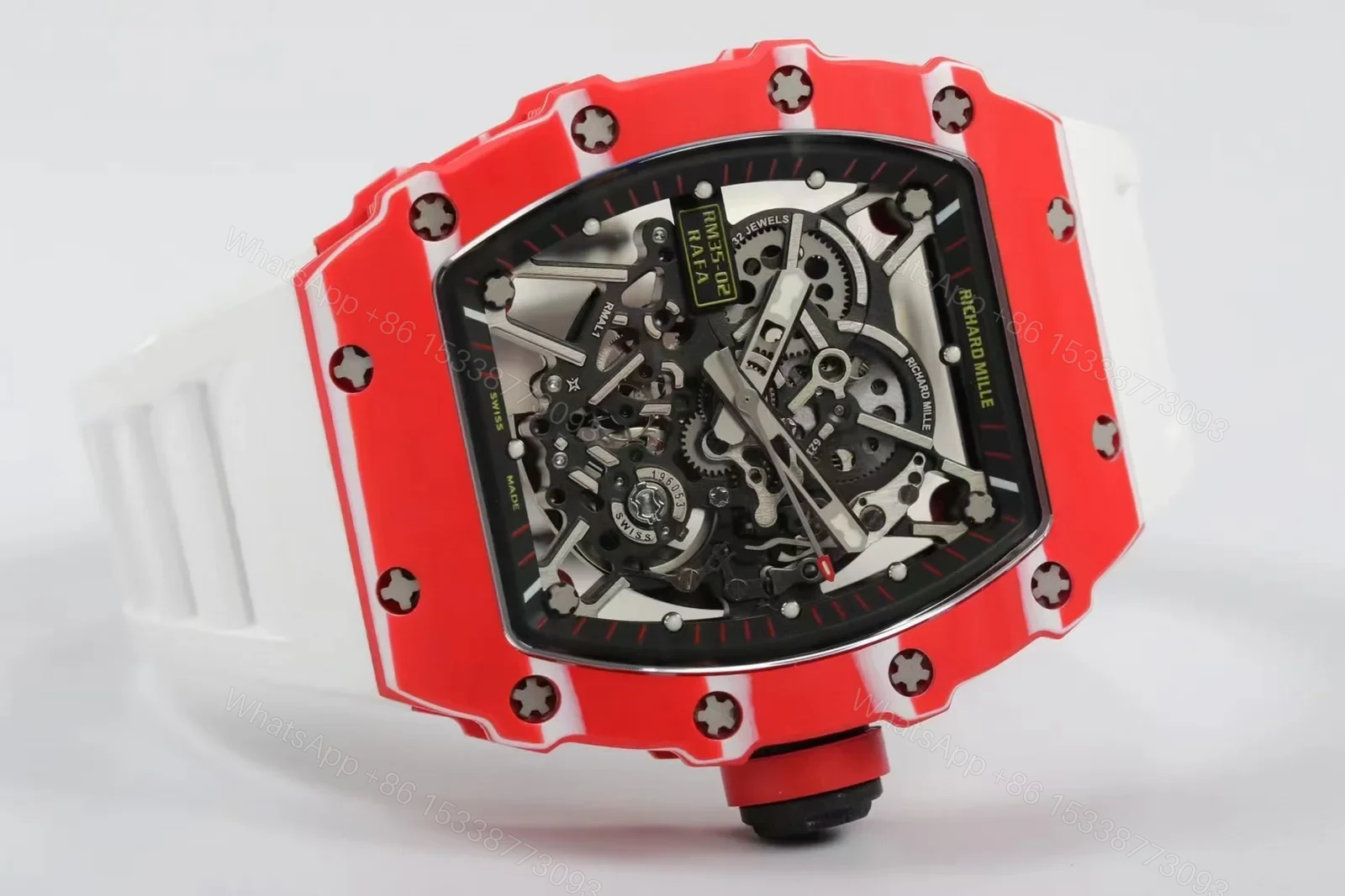 View 3 of Richard Mille RM35-02 Automatic Skeleton Watch Red Carbon Fiber Case White Strap RMAL1 Movement Premium Edition RM-RM35-02-RED-WHT-SKL