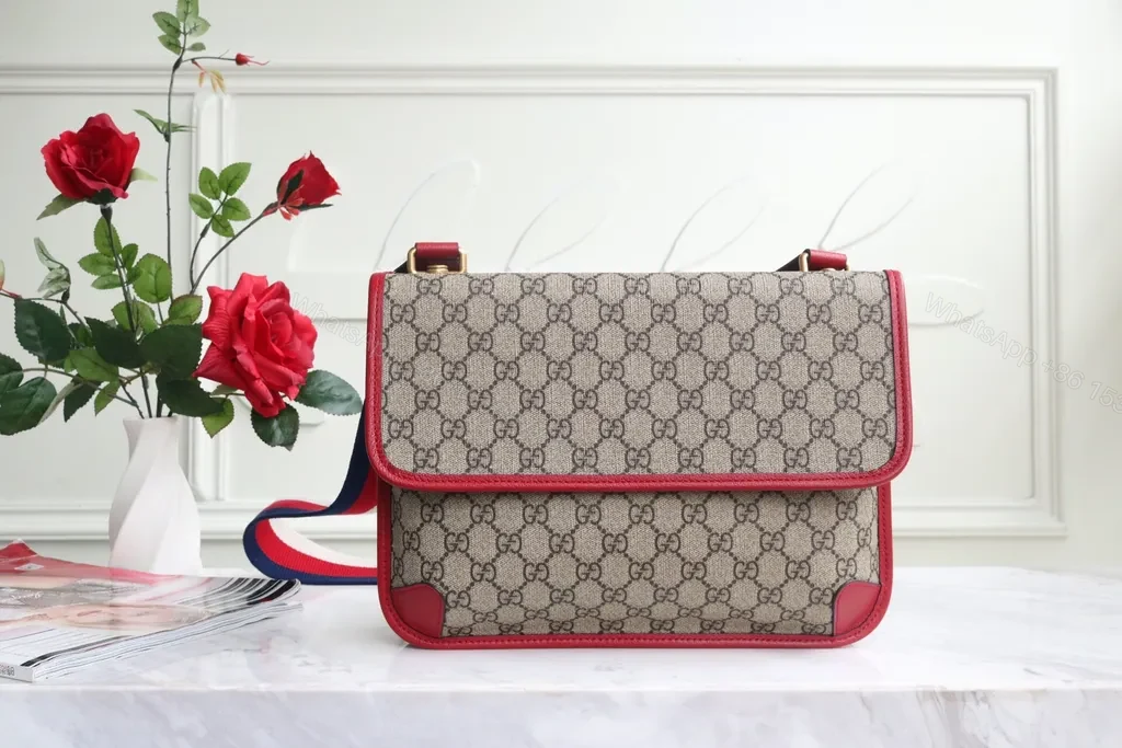 View 7 of G GG Canvas Crossbody: Red Leather Trim, Striped Strap