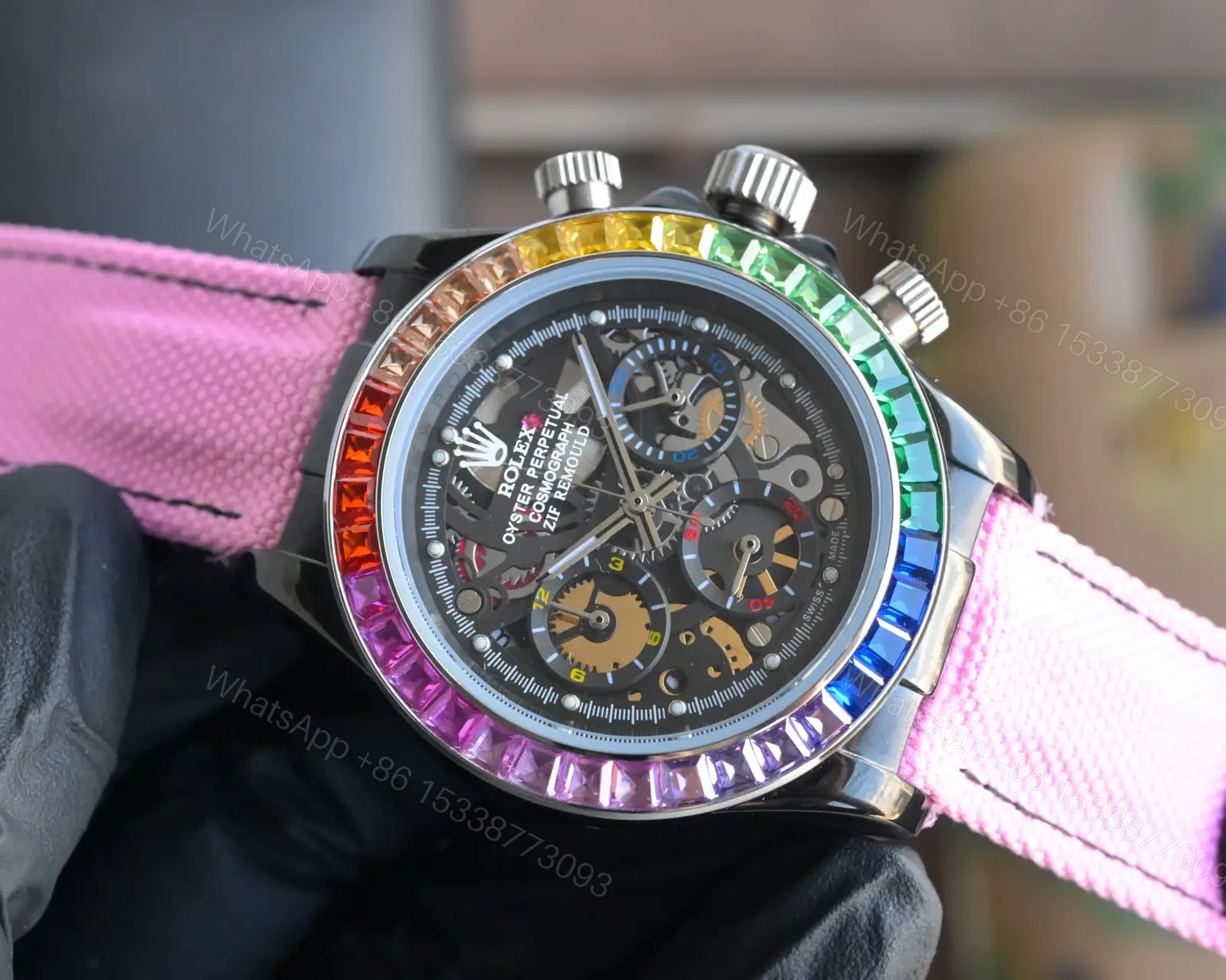 View 4 of Premium Rolex Daytona Rainbow Skeleton Pink Strap replica 40MM Fabric Strap Edition RG-DAYTONA-RAINBOW-SKELETON-PINK-STRAP-40