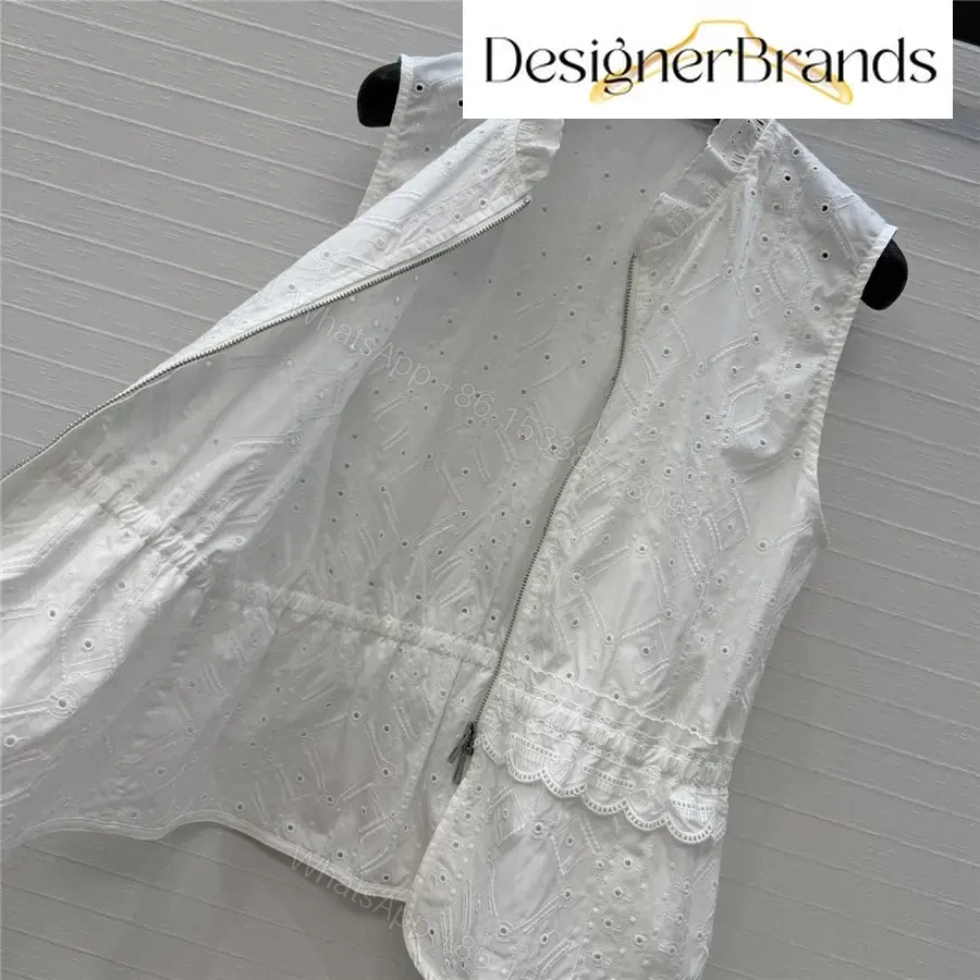 View 7 of Hermes White Lace-Embroidered Sleeveless Zip-Up Top