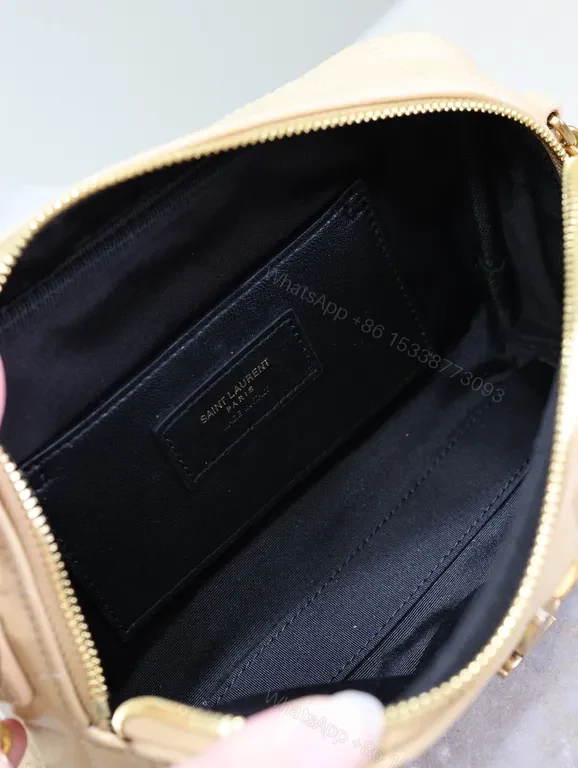 View 9 of Taupe Quilted Crossbody Bag with Gold YSL-Inspired Logo