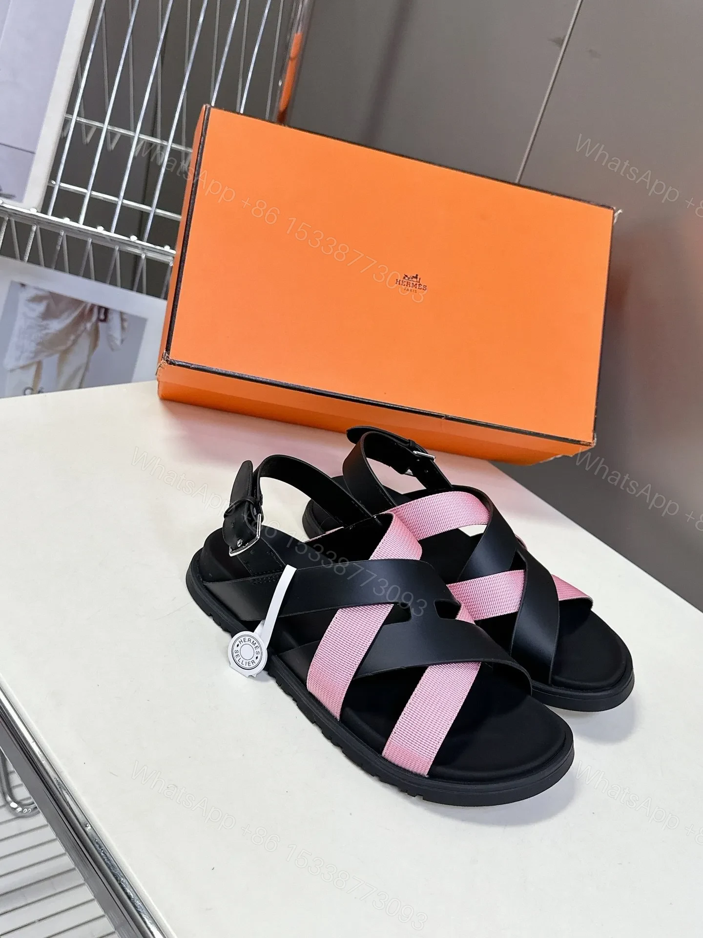 View 3 of Hermes Women Black Pink Leather Strappy Sandals