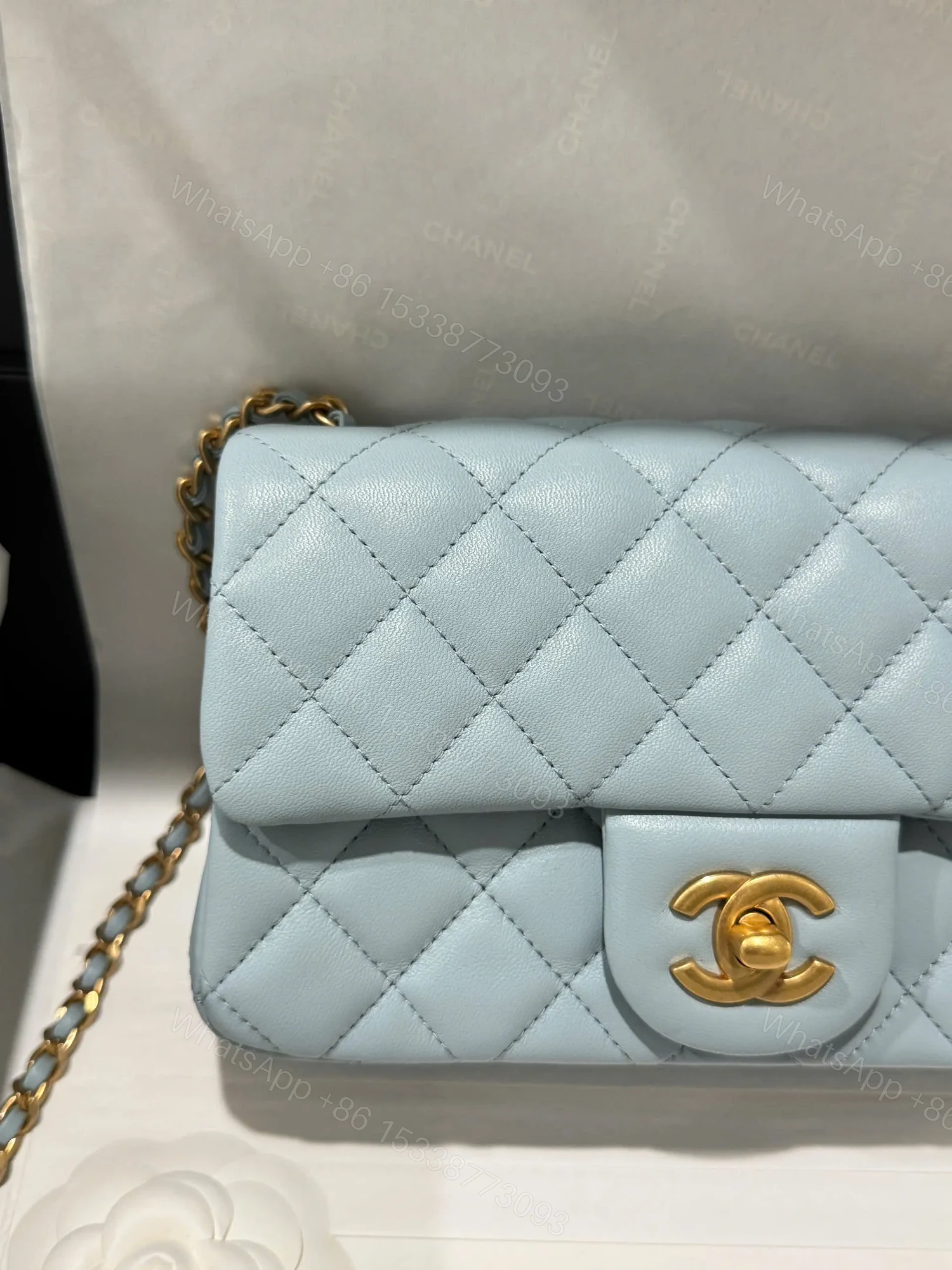 View 7 of Chanel Classic Bell Bag Handbag Sheepskin Blue Like Auth Lock Gold 20cm