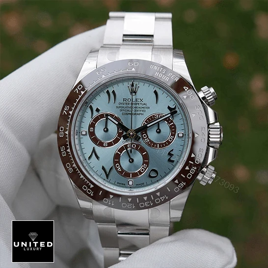 View 5 of Rolex Daytona Platinum Ice-Blue Arabic Dial 116506-0001 Oyster Replica