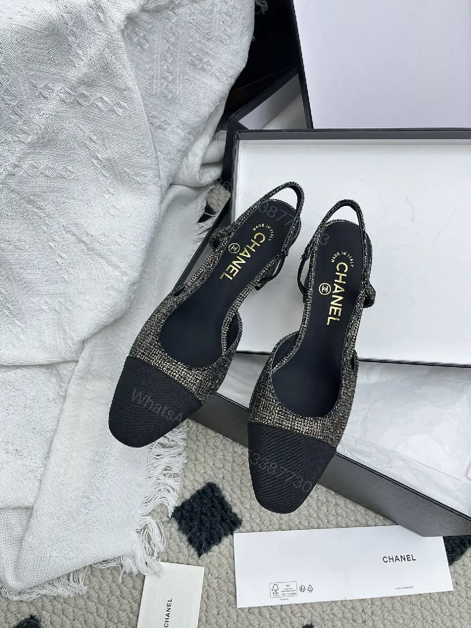 View 8 of Tweed-Textured Flats with Black Cap Toe - Ballet Style, Bowed Details