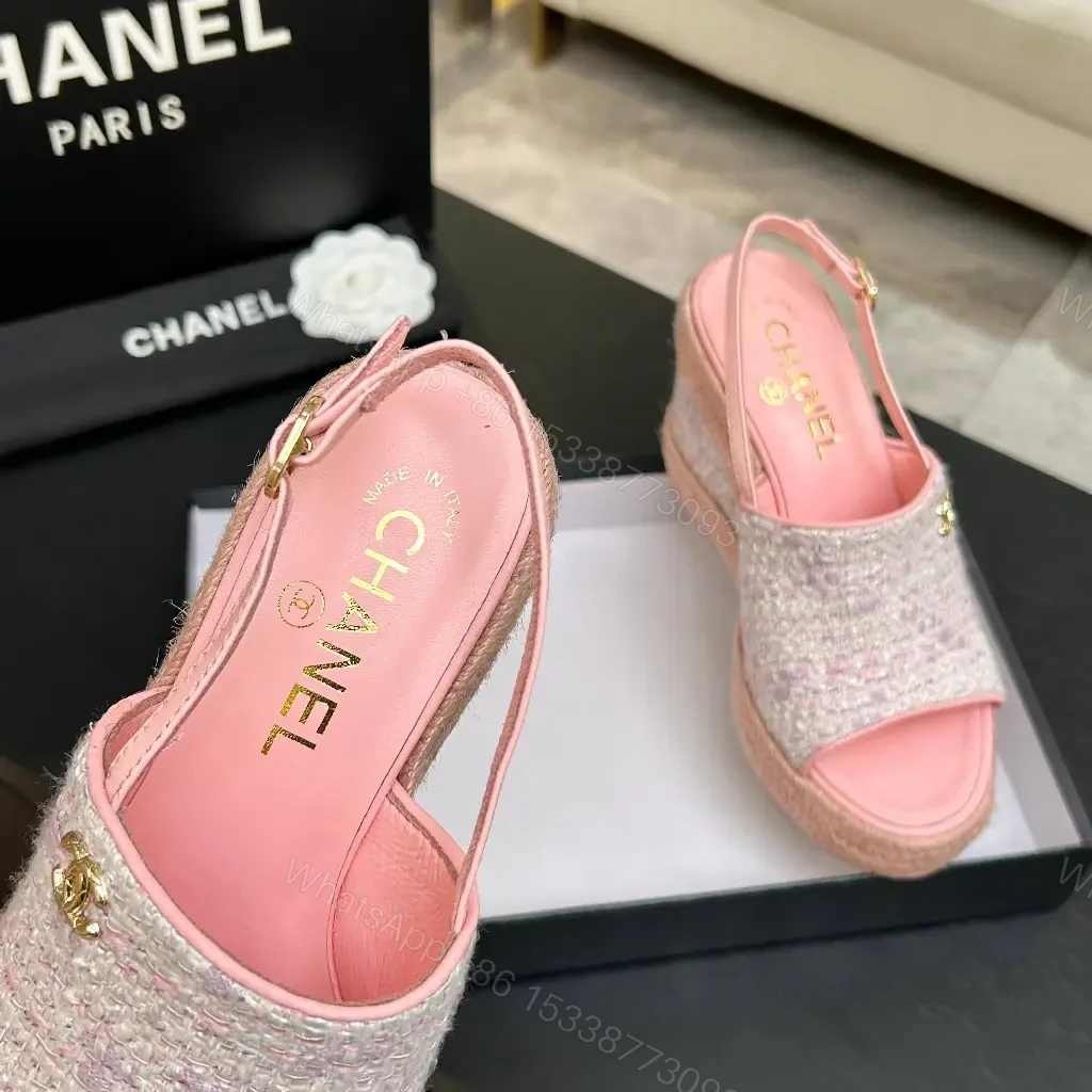 View 2 of Textured Pink Espadrille Wedges – Knit Upper, Platform Glam