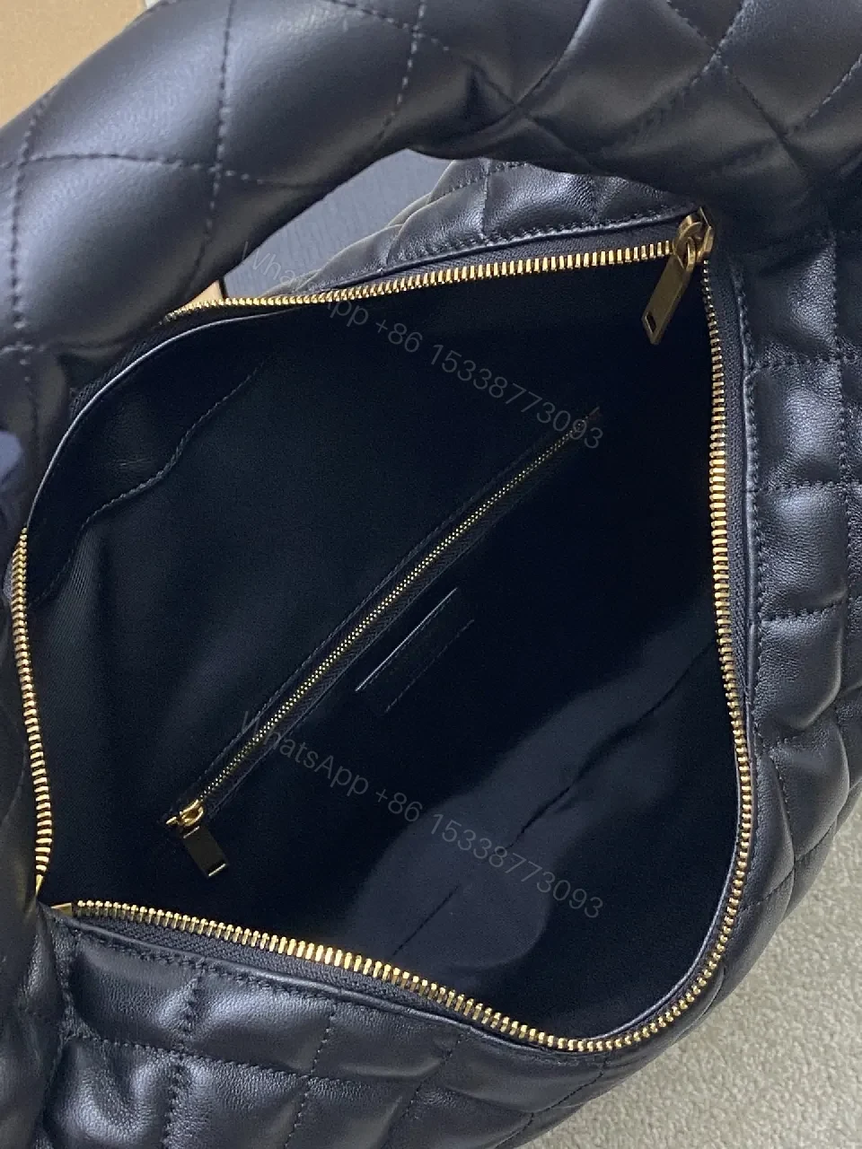 View 4 of Quilted Leather Hobo Bag with Gold Hardware Emblem