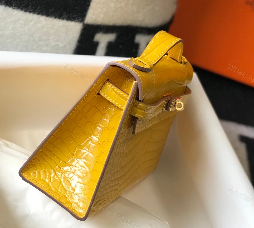 View 3 of H MINI KELLY POCHETTE CROCODILE GOLD TONED HARDWARE YELLOW 22CM
