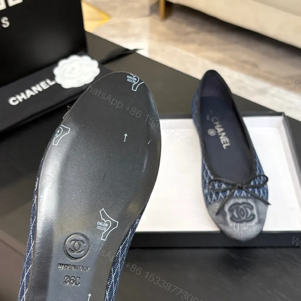 View 2 of Denim-Texture Ballet Flats with Subtle Motif, Flat Style