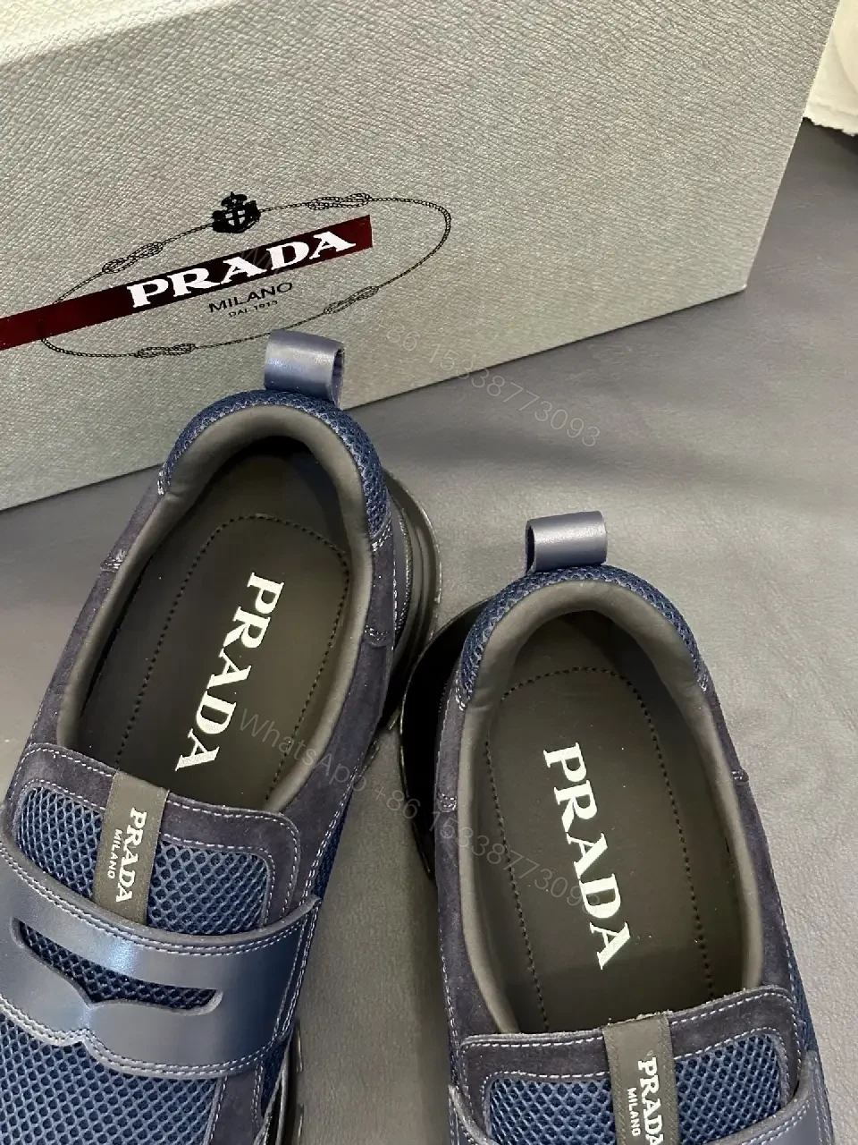 View 7 of Blue Mesh Slip-On Prada-Style Sneaker with Hook-and-loop Strap