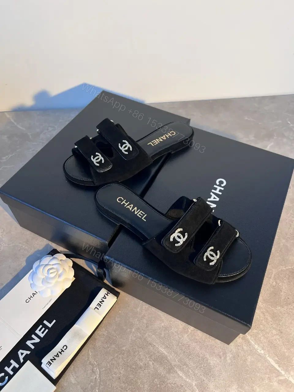 View 10 of Black Velvet Slide Sandals with Signature Hardware