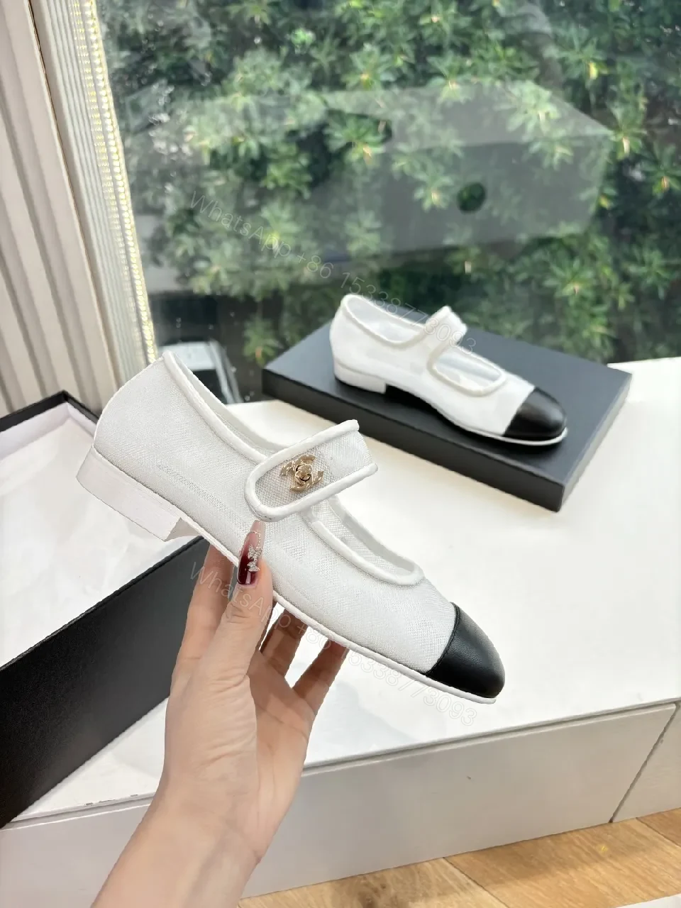 View 4 of White Canvas Mary-Jane Sneakers with Black Cap Toe - Luxe Comfort