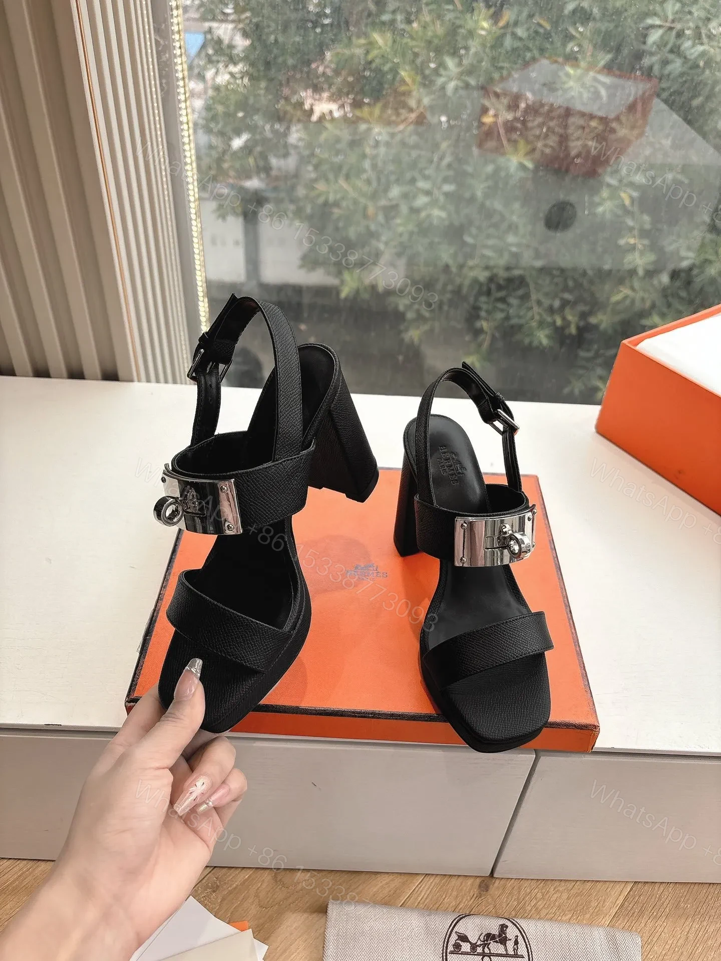 View 2 of Hermes Women Black Leather Sandals
