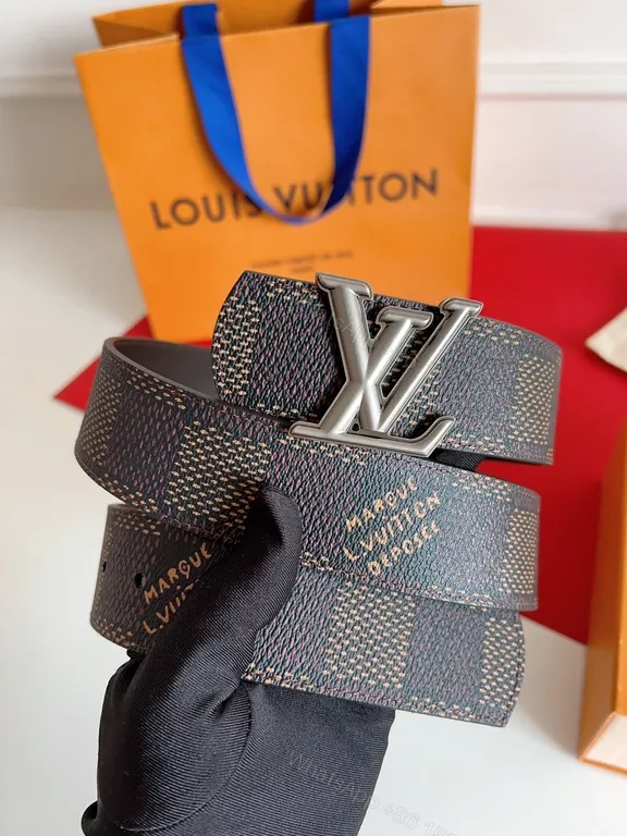 View 6 of Chic Damier-Texture Belt with LV Buckle, Luxury Leather