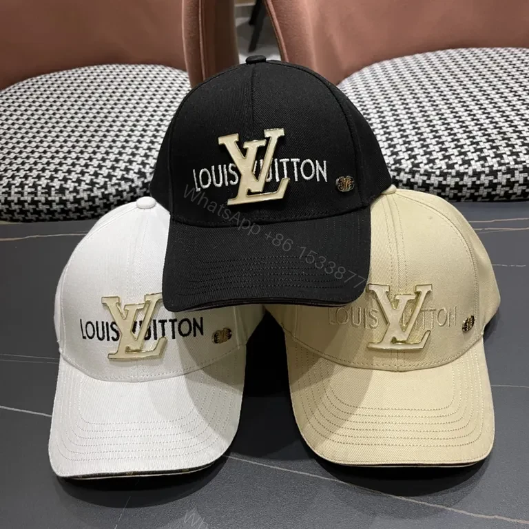 View 7 of Textured Cotton LV Cap: Gold Emblem Luxury Baseball Hat