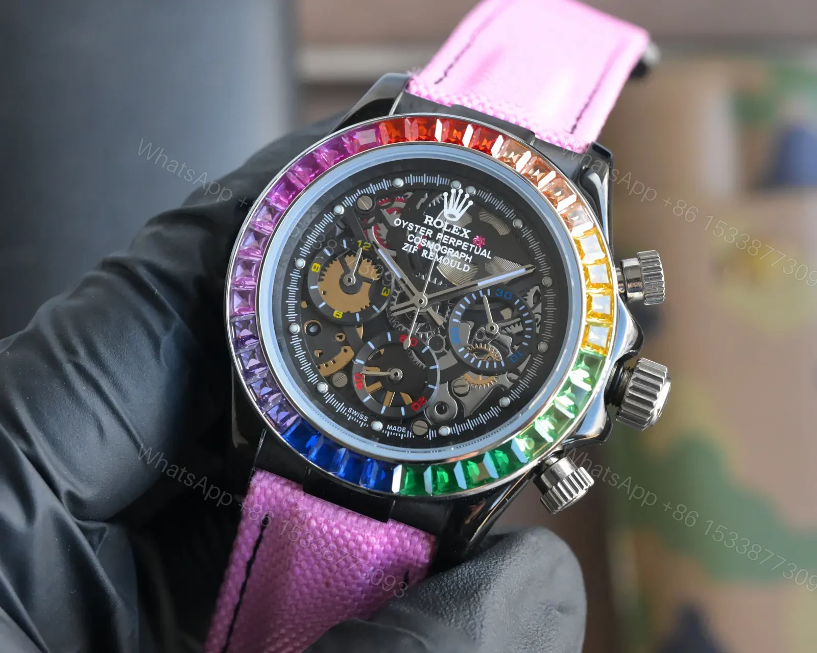 View 3 of Premium Rolex Daytona Rainbow Skeleton Pink Strap replica 40MM Fabric Strap Edition RG-DAYTONA-RAINBOW-SKELETON-PINK-STRAP-40