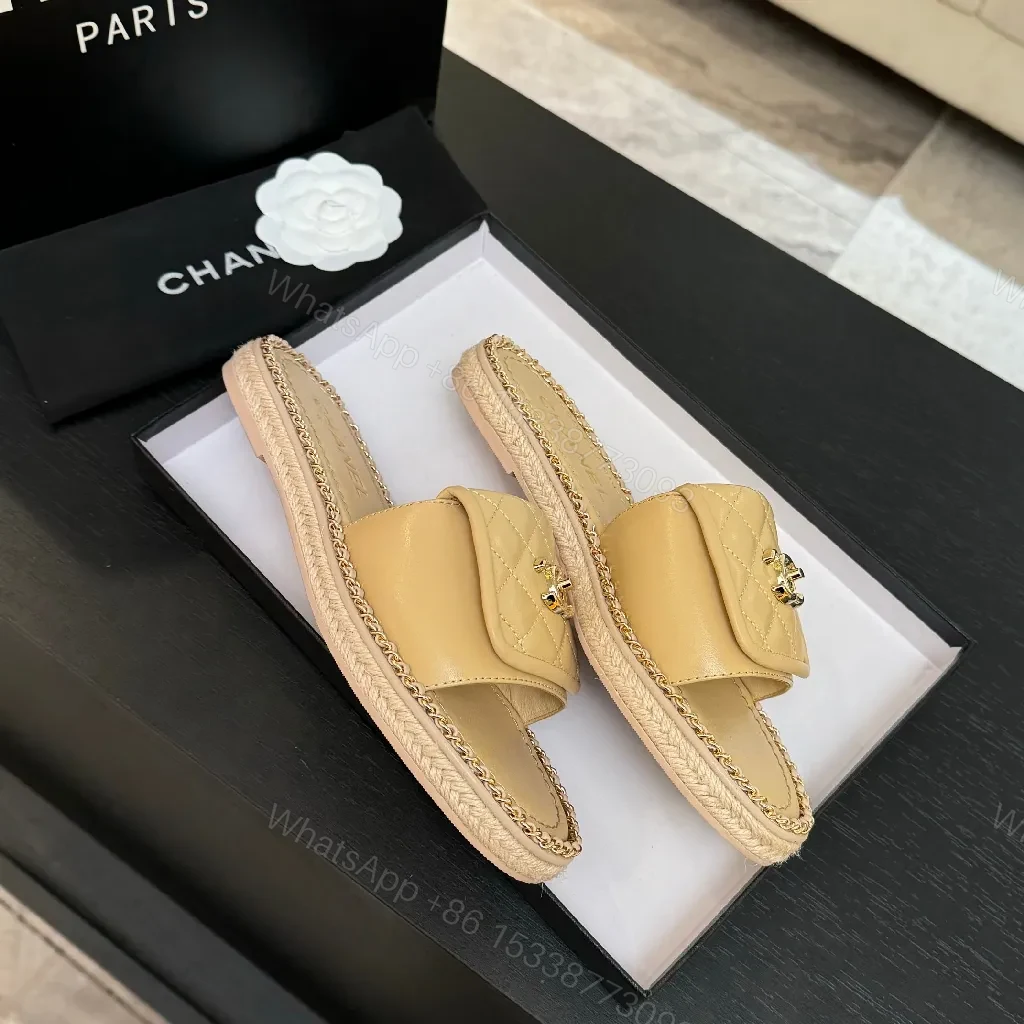 View 7 of Beige Quilted Slide, Gold Logo, Designer-Inspired Comfort