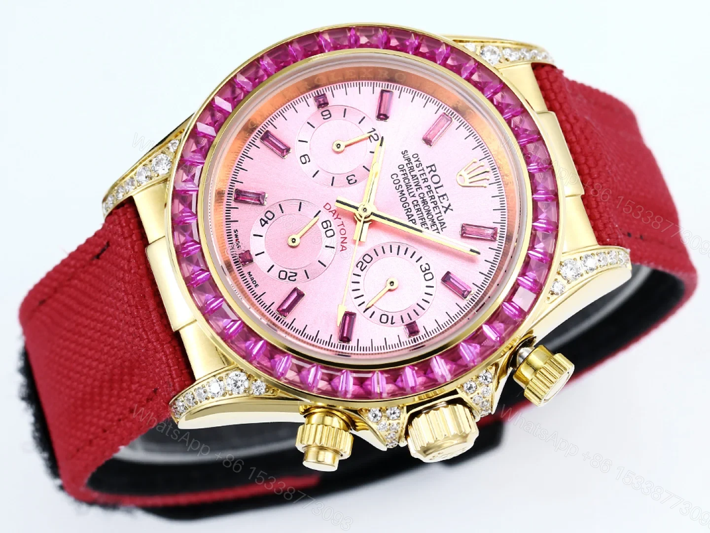 View 5 of Rolex Daytona Pink Ruby Red Strap Replica 43MM Exclusive Gold Case Edition RG-ROLEX-DAYTONA-PINK-RUBY-RED-43