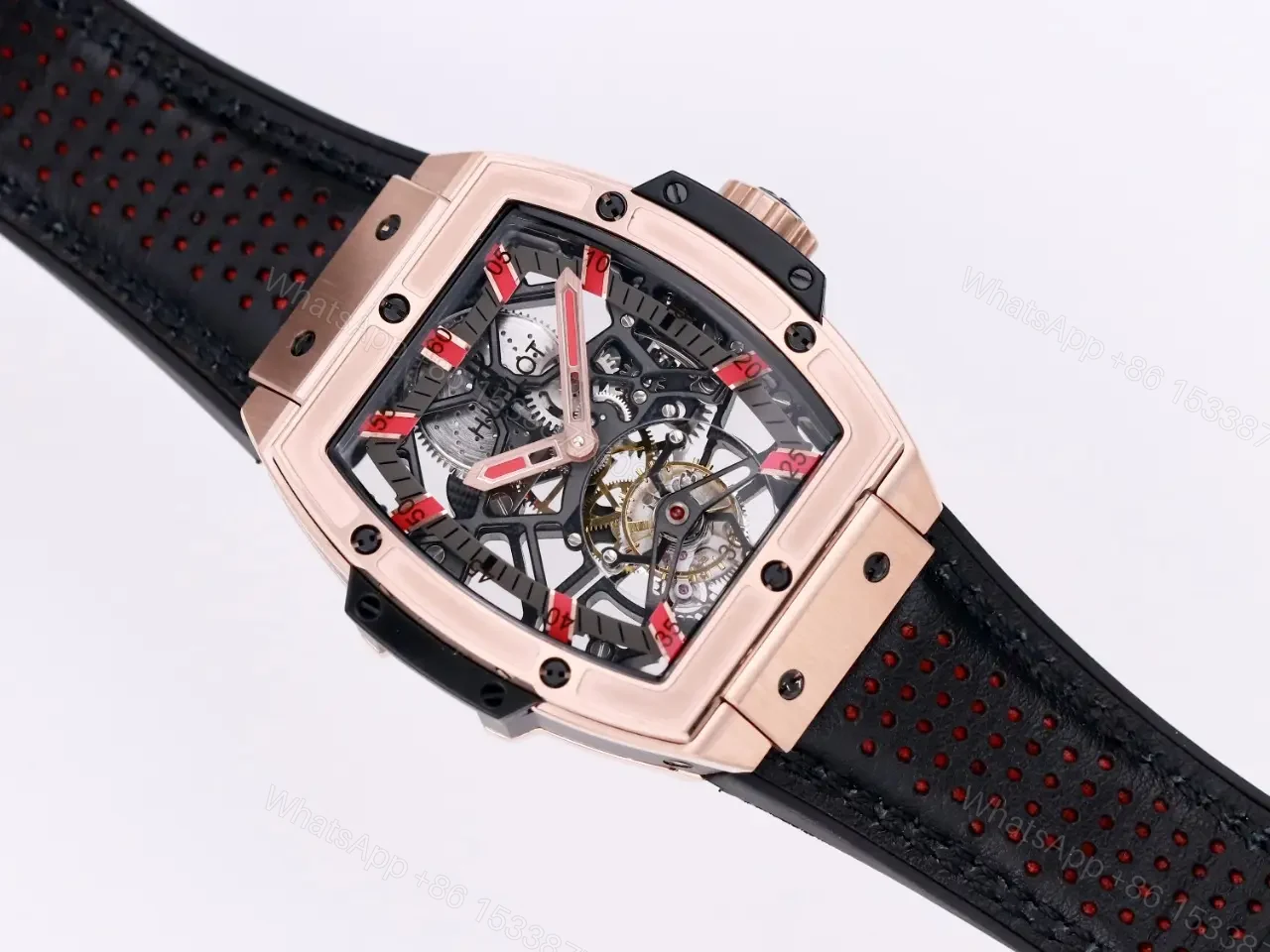 View 7 of Hublot Masterpiece Series 906 Tourbillon Watch Rose Gold/Platinum Black Leather Strap with Red Accents Sapphire Crystal