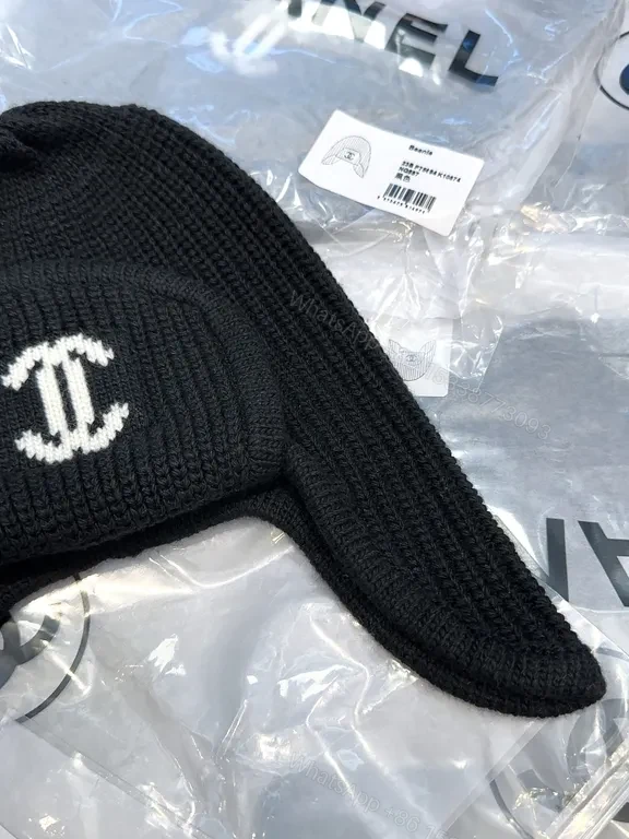View 2 of Chanel-Inspired Knit Ear Warmer Cap with Logo Patch