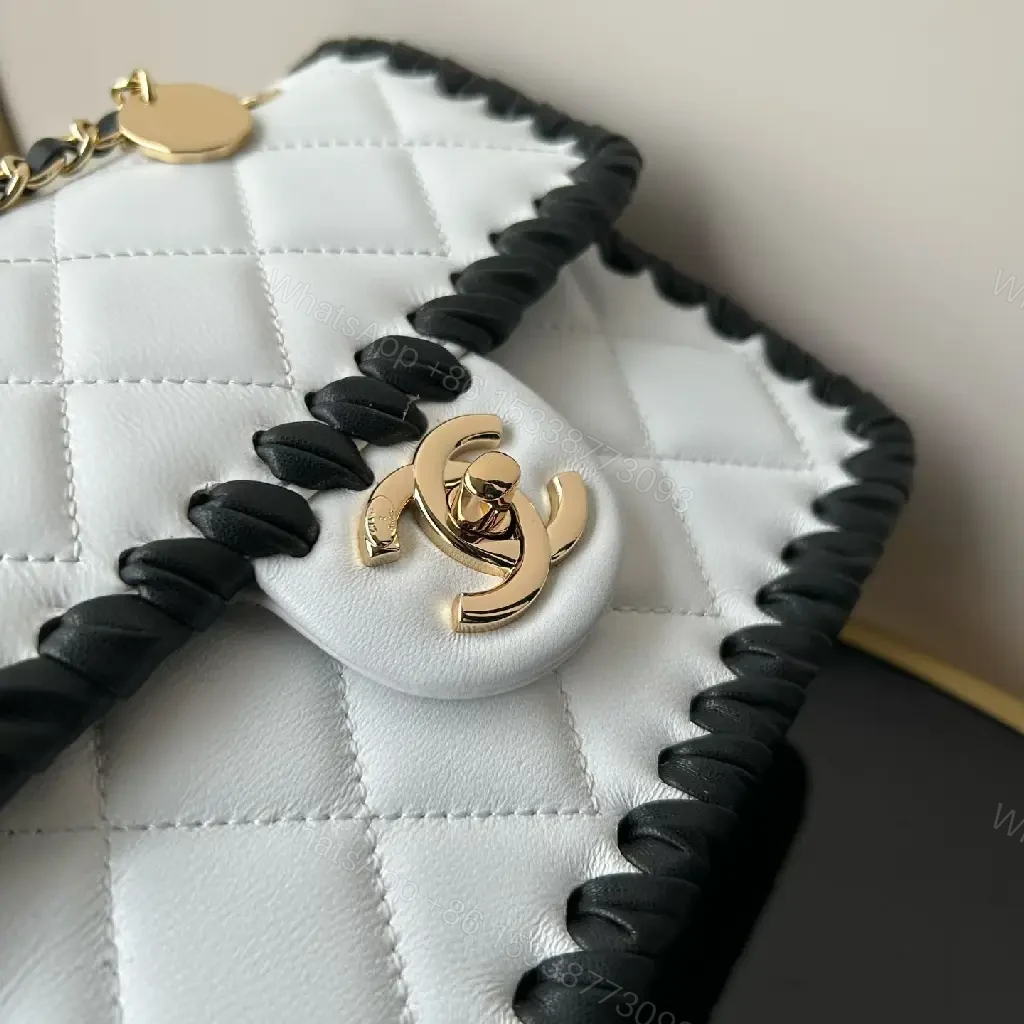 View 10 of White Leather Quilted Flap Bag with Chain Trim, Gold Logo