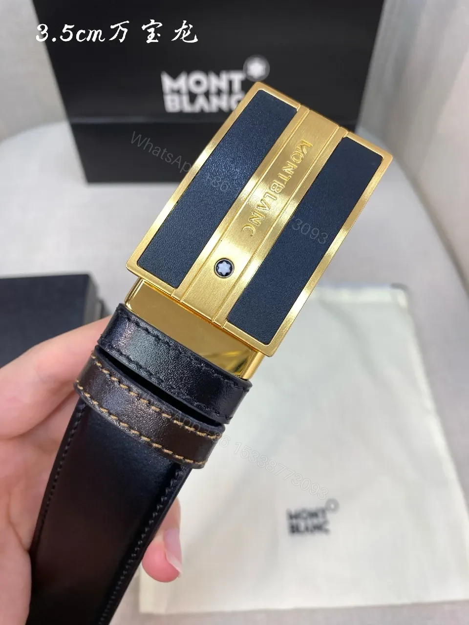 View 5 of Black Leather Belt with Gold-Plate Buckle, Premium Luxury Style