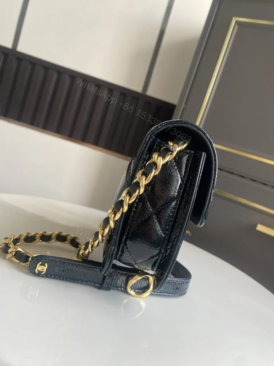 View 7 of Quilted Black Leather Bag with Gold Hardware, Classic Style