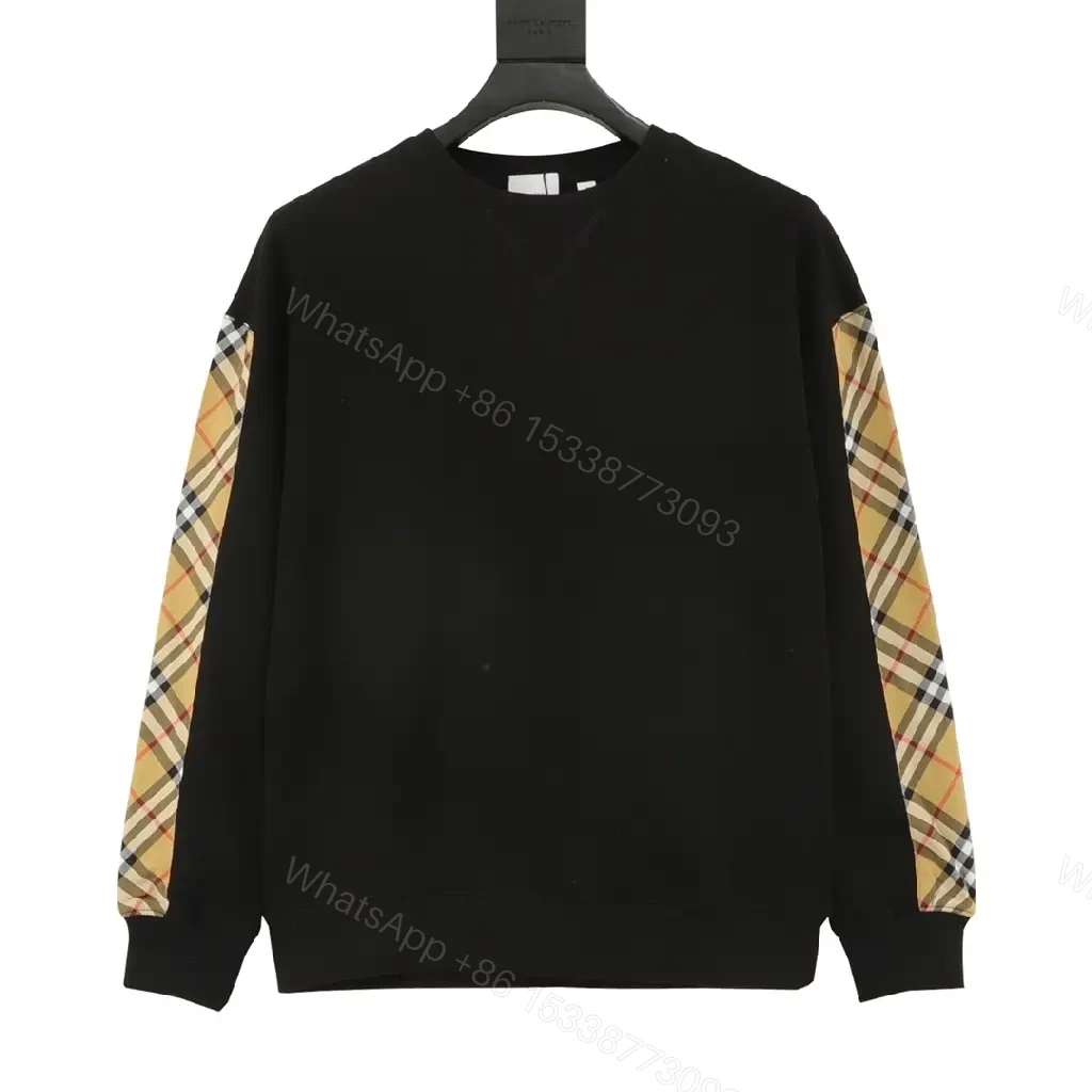 Black Knit Crewneck with Signature Check Sleeves, Slim Fit, Luxury Casual — view 1