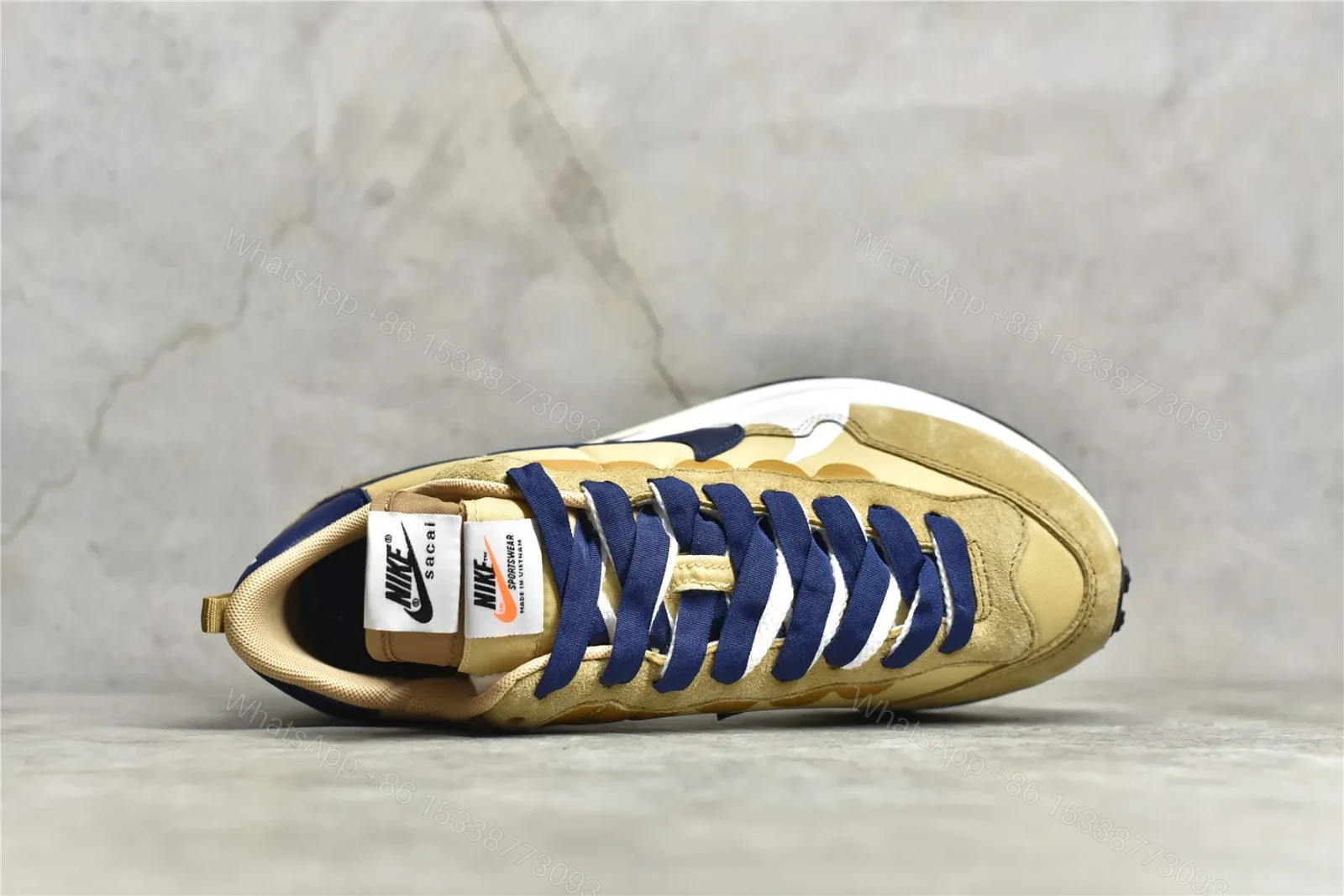 View 4 of Sacai × Nike VaporWaffle “Sesame and Blue Void” Replicas