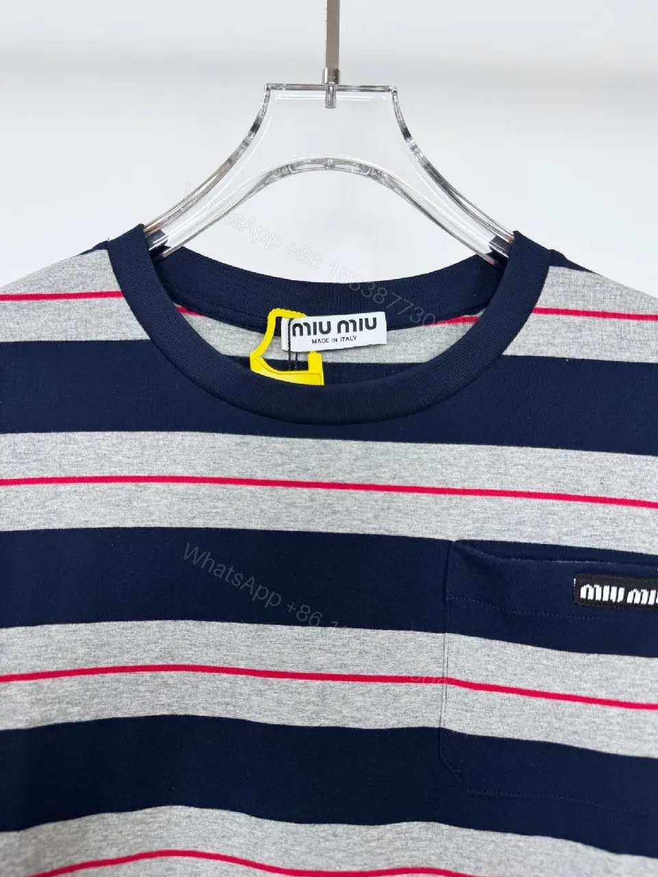 View 2 of Navy Gray Stripe Knit Top with Red Accent, Relaxed Fit