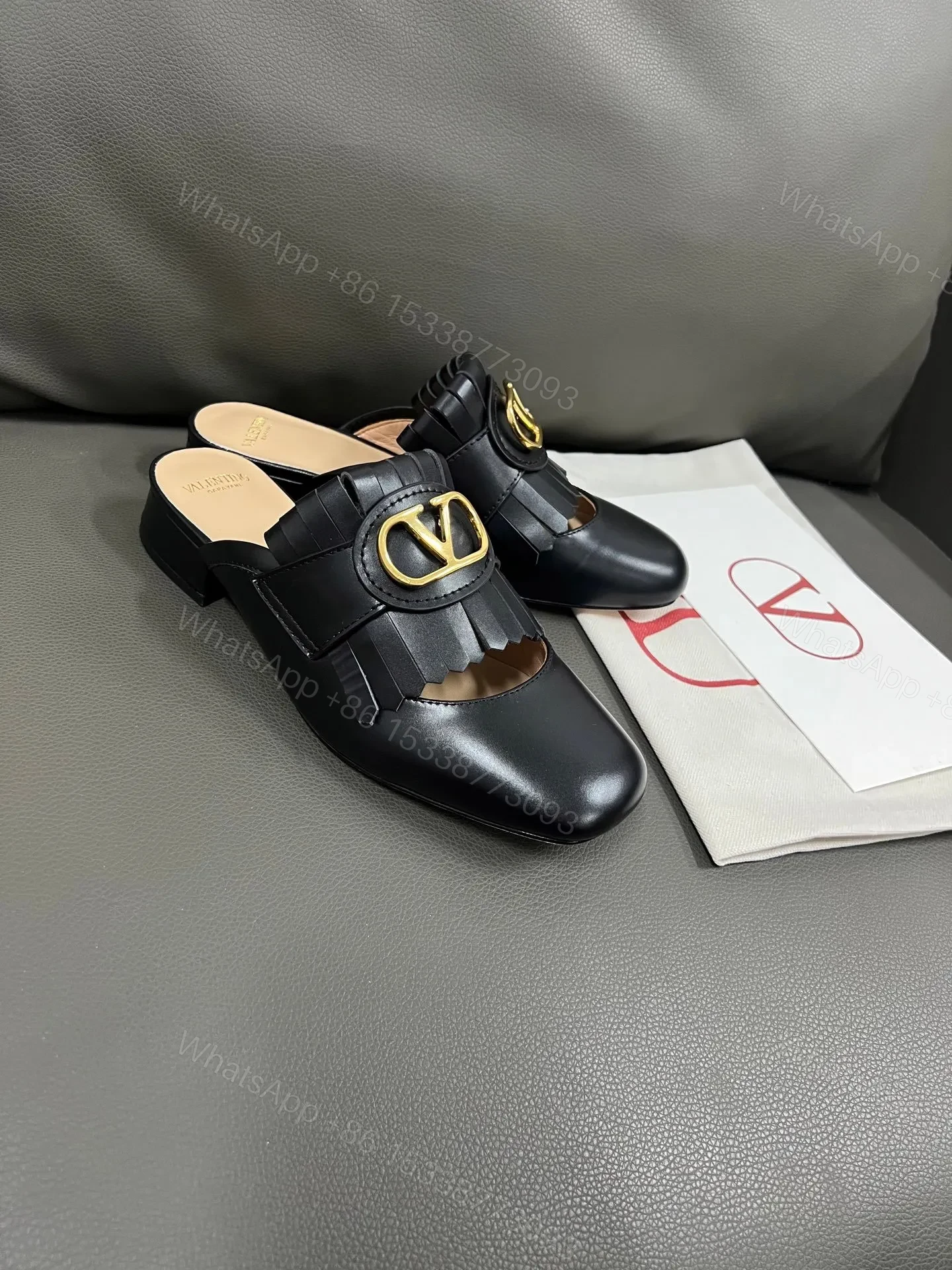 View 3 of Valentino Women Black Leather Fringe Mules