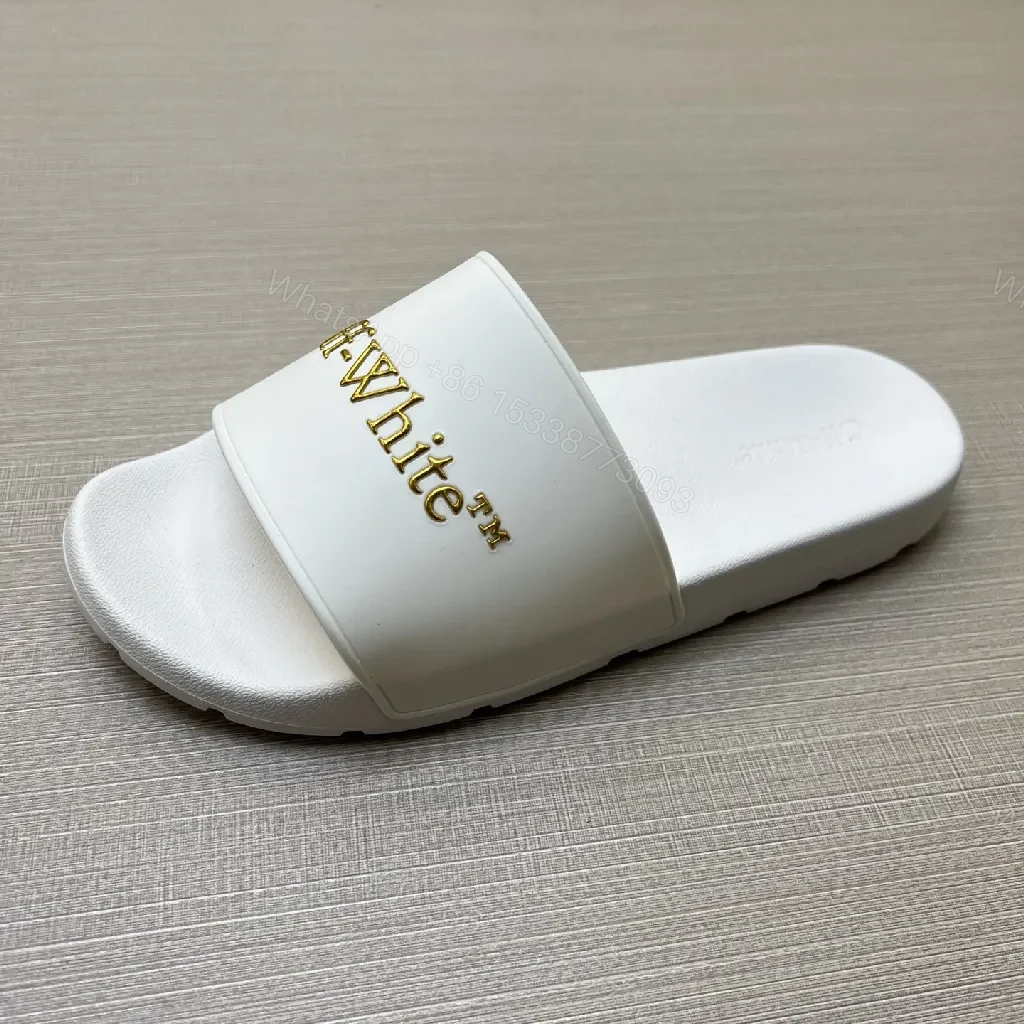 View 6 of White Slide Sandals: Gold-Embroidered Logo, Luxe Minimalist Comfort