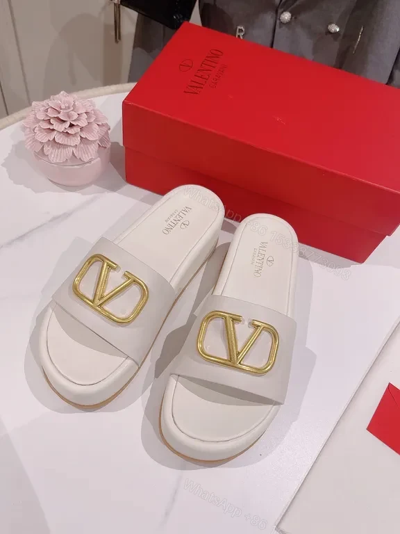 Valentino-Style White Leather Slides with Gold Logo Buckle — view 1