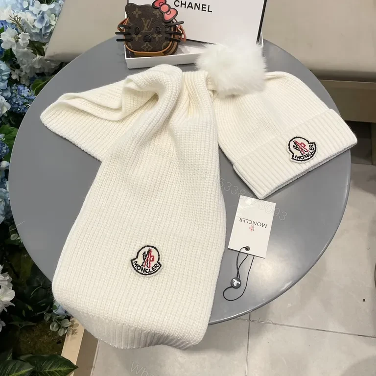 View 4 of Cozy Luxe Knit Set: White Beanie & Scarf with Moncler Patch