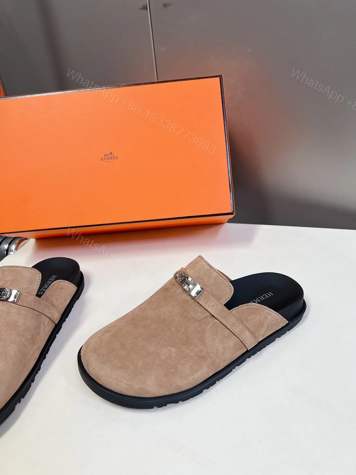 View 6 of Hermes Women Beige Suede Leather Slippers