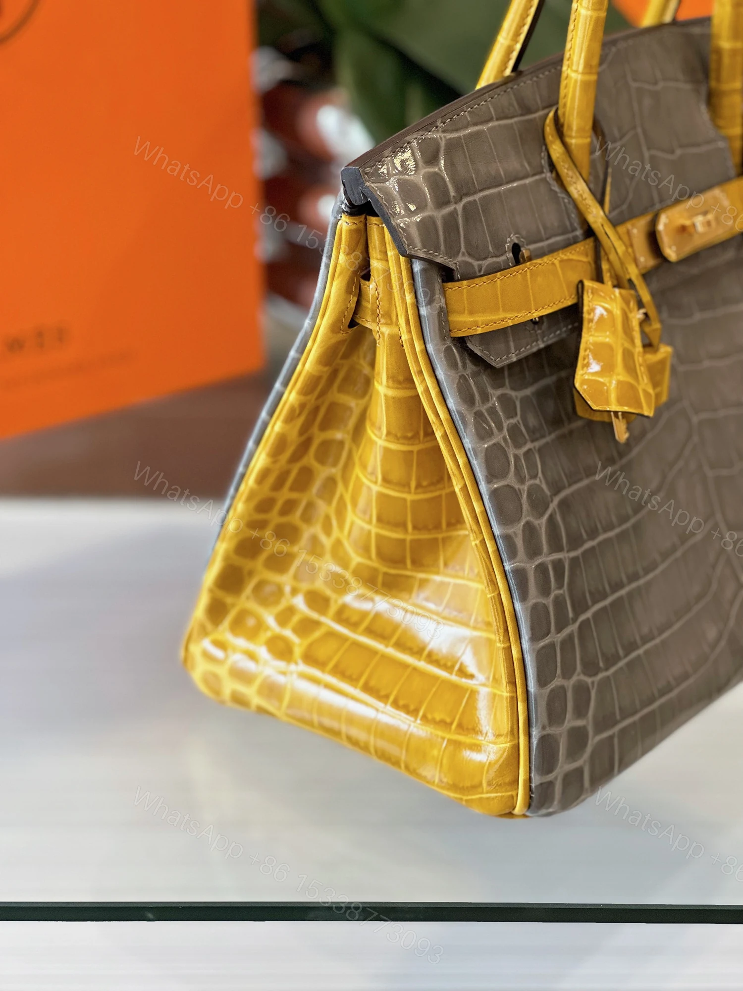 View 3 of Hermes Birkin 30 Gray/Gold Genuine Crocodile Leather Gold Hardware – Custom Made