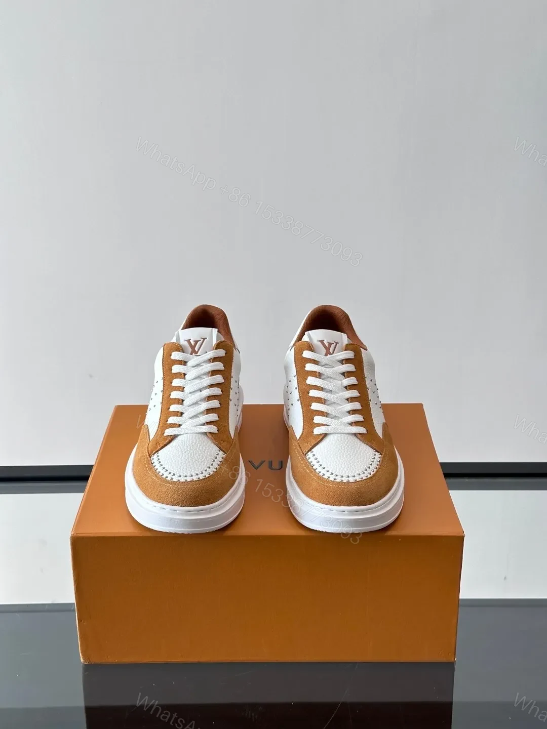 View 2 of LV Men White Brown Suede Leather Sneakers