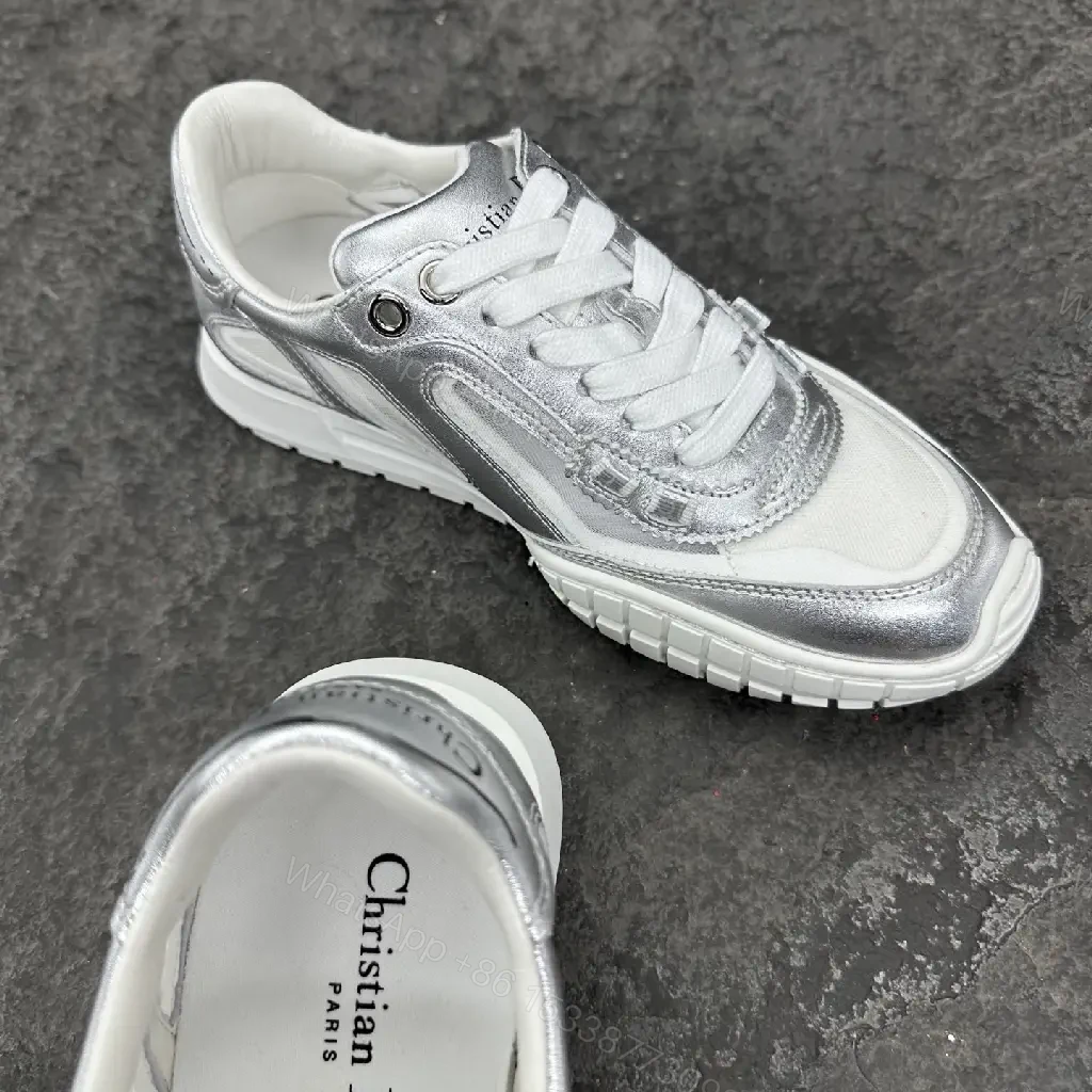 View 2 of Silver Metallic Leather Trainers with Mesh Panels, Chunky Sole, Dior-Style Motif Sneaker