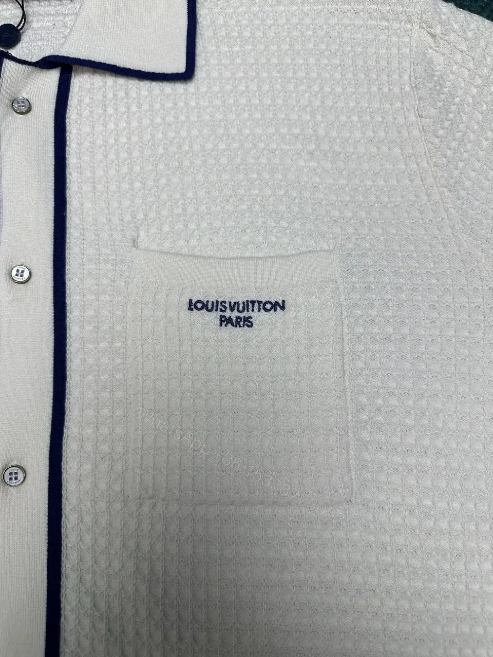 View 11 of Off-White Shirt Textured Weave Navy Piping Pocket Logo Button-Up