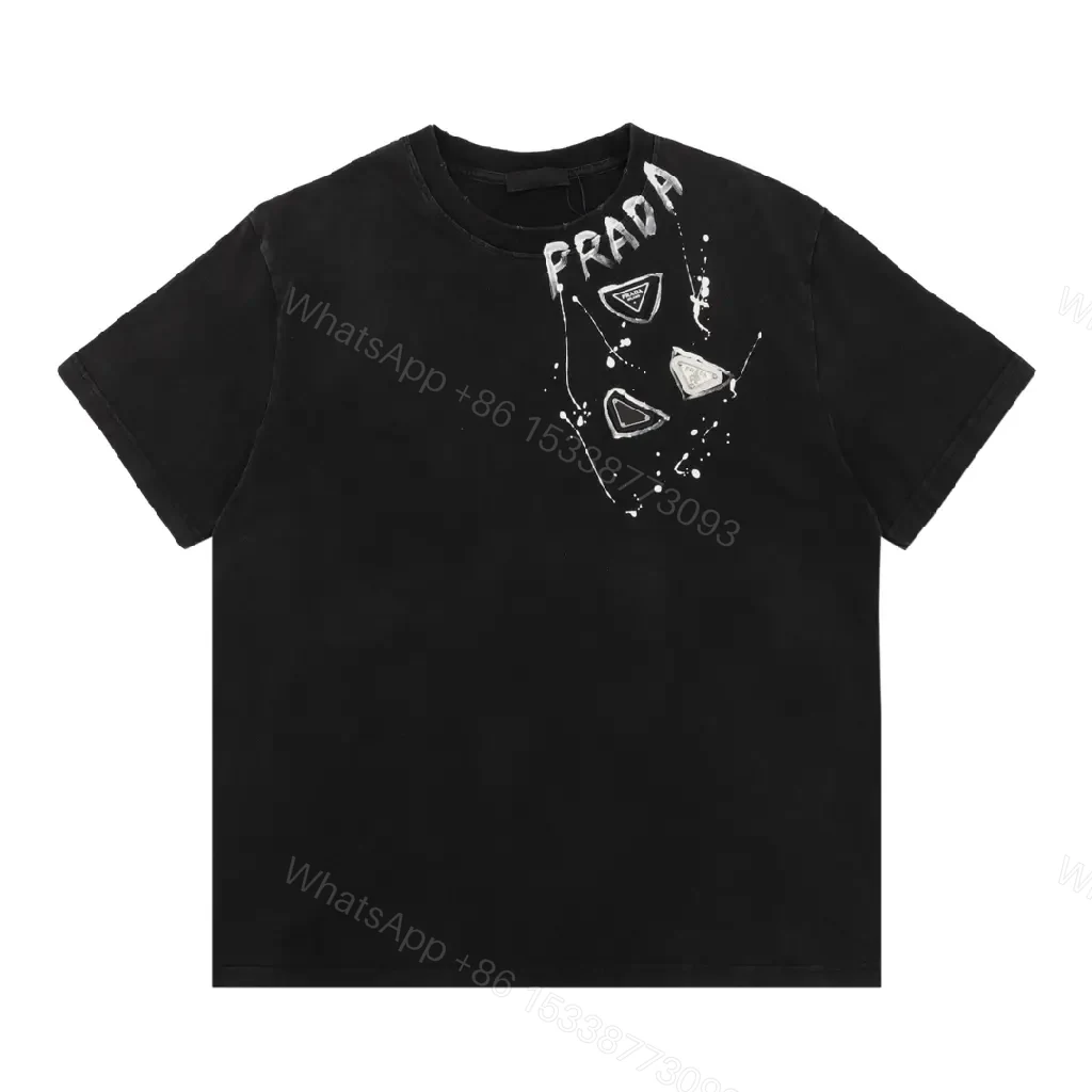 View 11 of Black Cotton Relaxed Crew Tee with White Graphic PRADA Accent