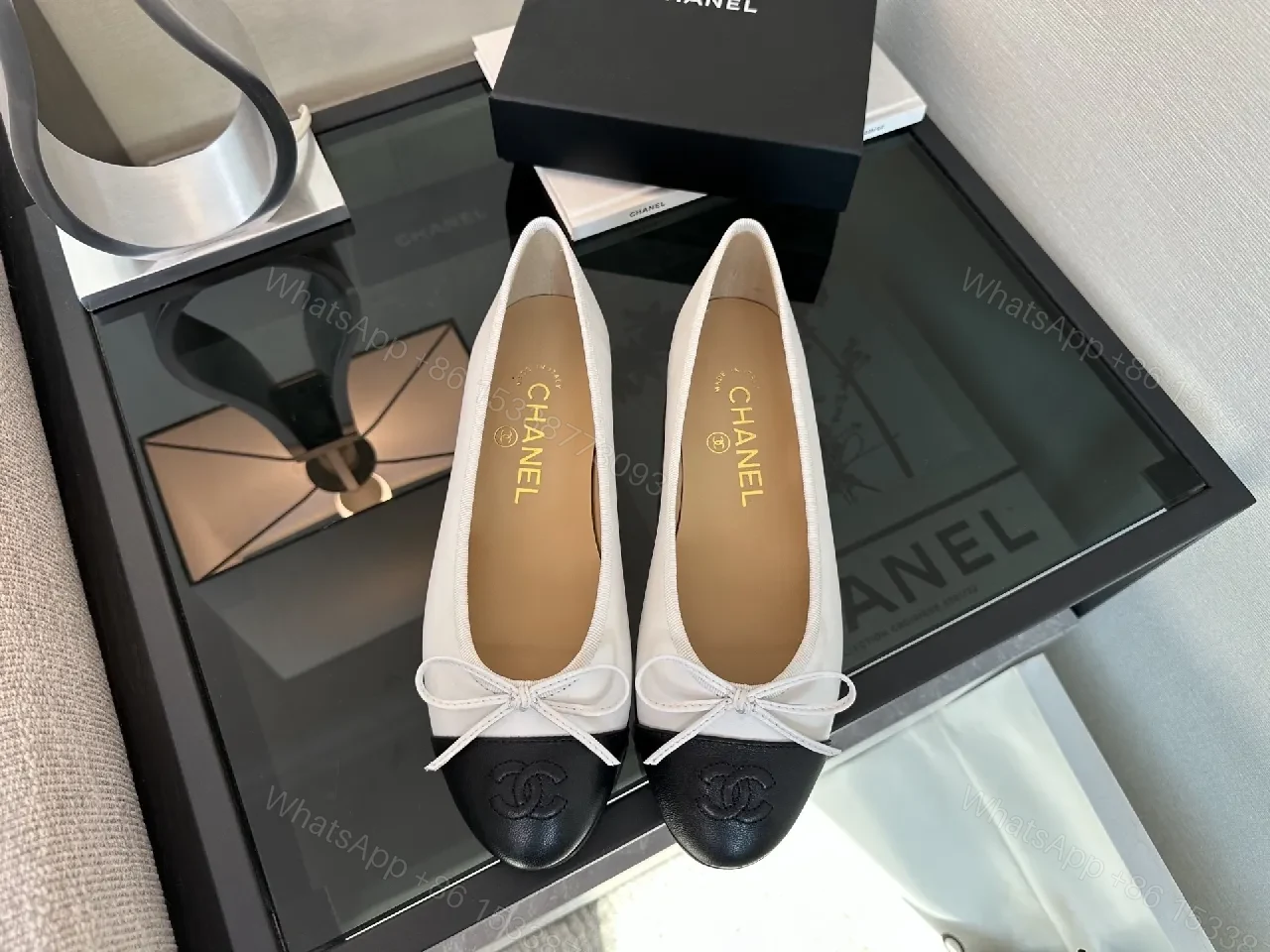 View 2 of Two-Tone Ballet Flats with Black Cap Toe, Leather, Elegant Comfort