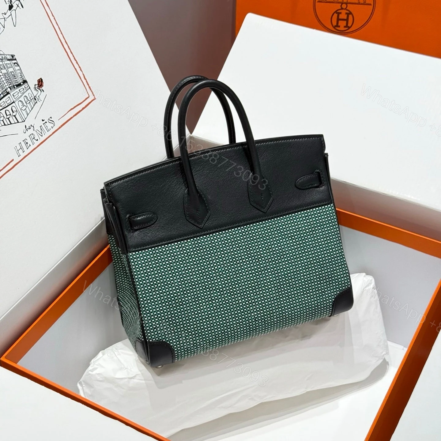 View 2 of HERMES BIRKIN 25CM IN BLACK SWIFT BLACK/MINT/BLANC TOILE CANVAS (CUSTOM-MADE)